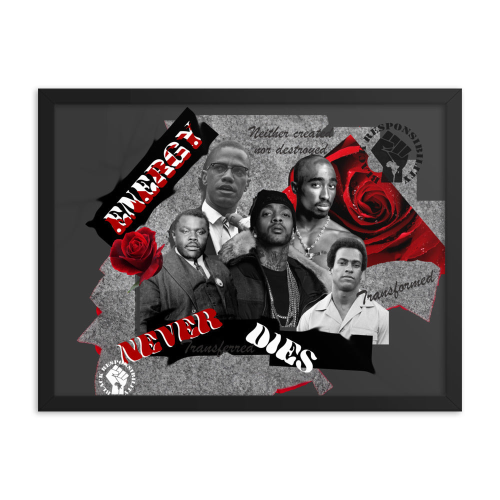 Energy Never Dies Framed Poster (grey)